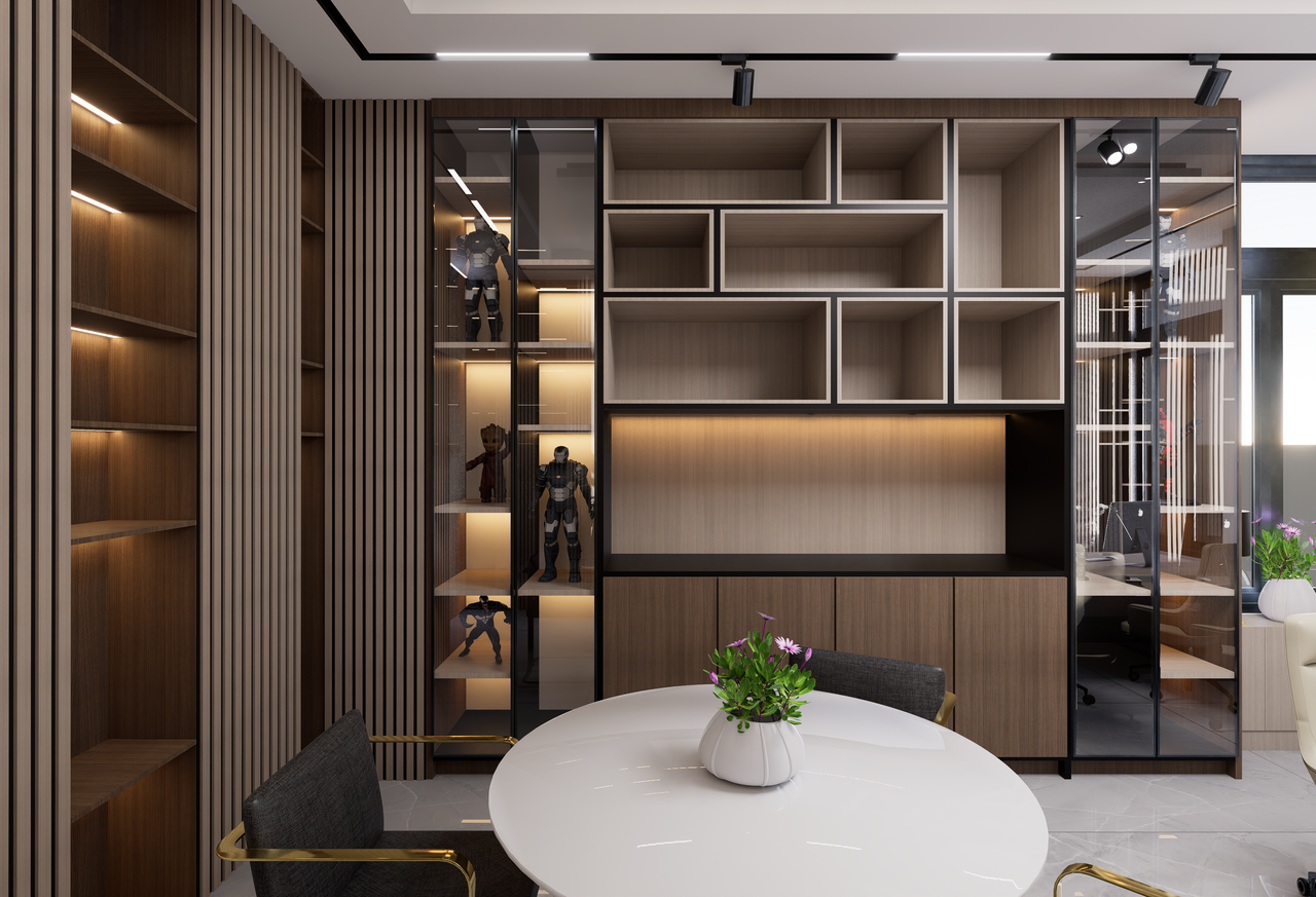 Sleek modern office room featuring built-in shelves, table, and chairs, designed with neutral tones.